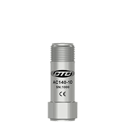 A render of a stainless steel, mini size CTC AC140 accelerometer with top exit, engraved with the CTC Line logo, part number, serial number, and CE logo.